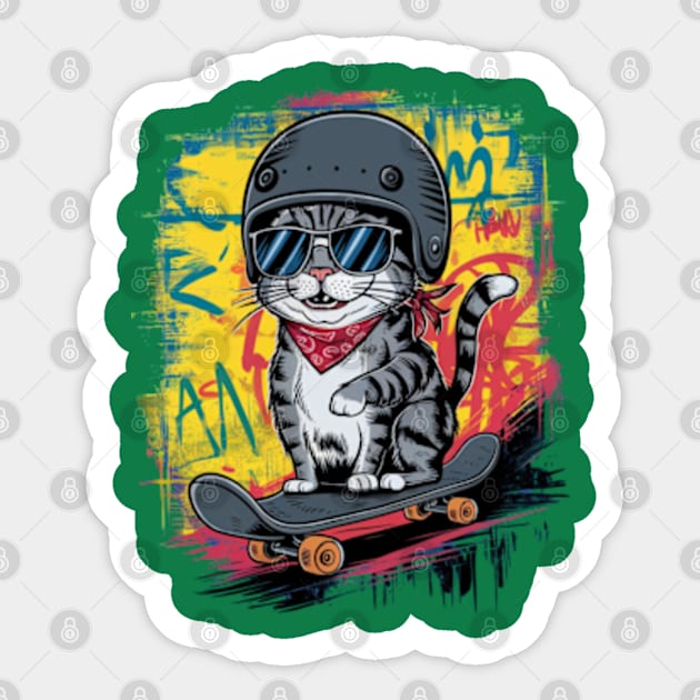 A unique and fun design featuring a stylish cat wearing a helmet and skateboarding Sticker by YolandaRoberts